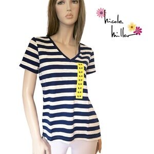 🌸 Nicole Miller Stripe Tee t-shirt Tank Top Navy White V-Neck Short Sleeve HiLo